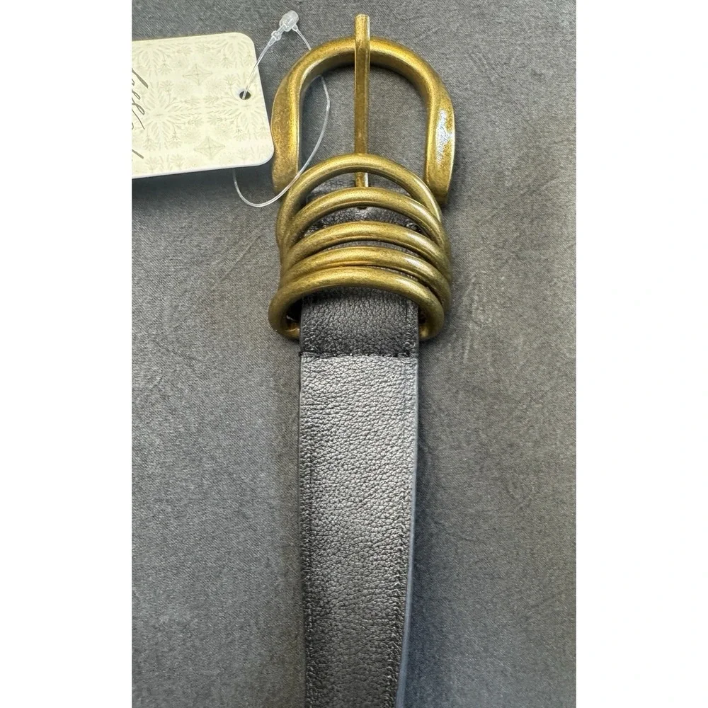 NWT Free People Black Leather Belt M/L Boho Minimalist Antiqued Brass Buckle - Picture 5 of 9